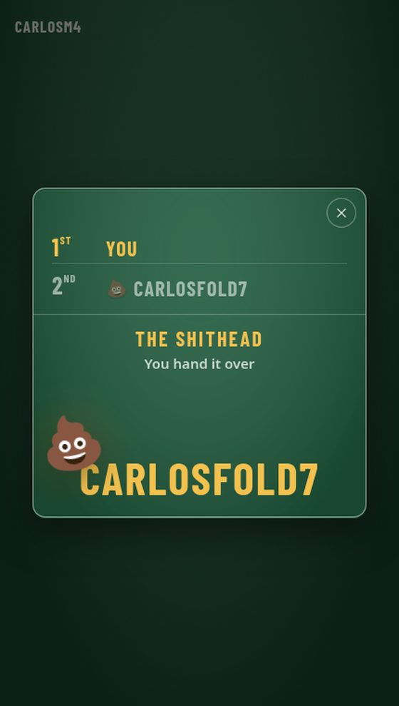 The results card: 1st You, 2nd Carlosfold7 with the hat; THE SHITHEAD — Carlosfold7